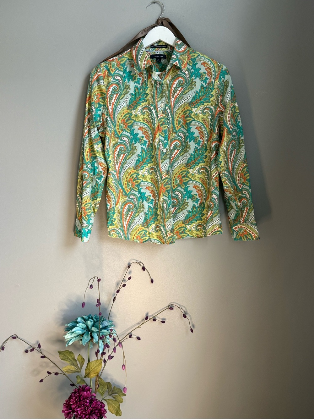 Lands' End Paisley Button-Front shirt  in Teal and Gold